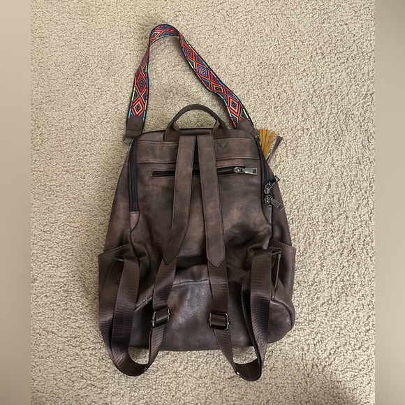Brown Vinyl/Faux Leather Backpack Purse W/Braided Details  BROWN FAUX LEATHER BACKPACK